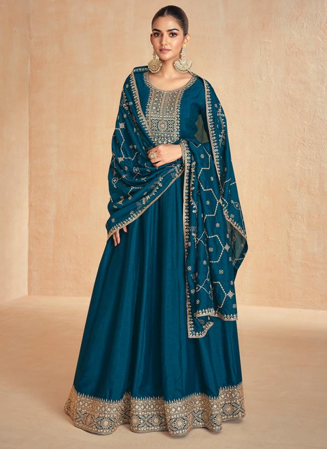 Silk Blue Wedding Wear Embroidery Work Readymade Anarkali Suit